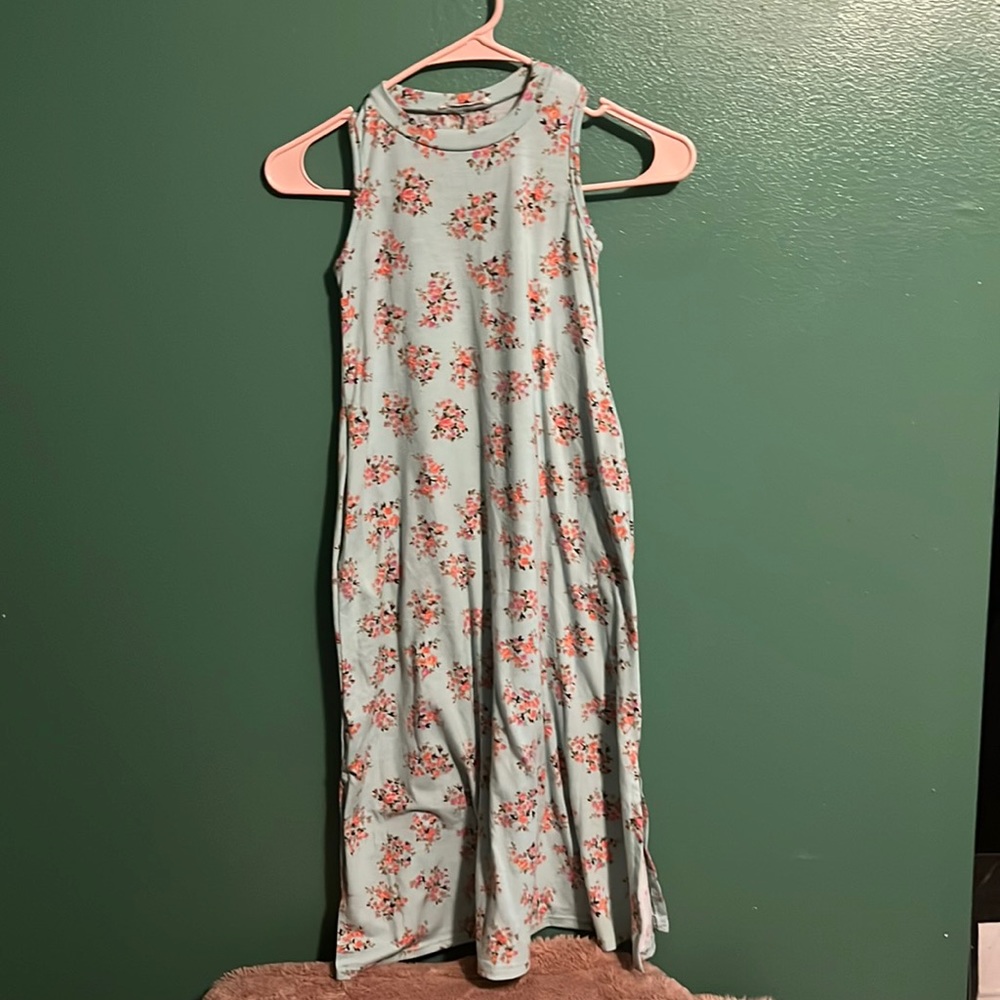 Kids medium dress with pockets green with pink and orange flowers by reborn j